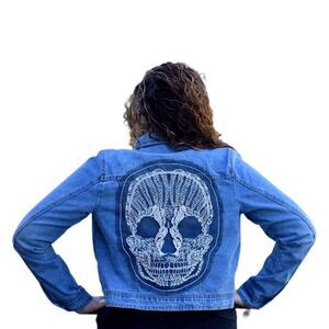 Medium Wash Denim Jacket With Lace Skull Patch